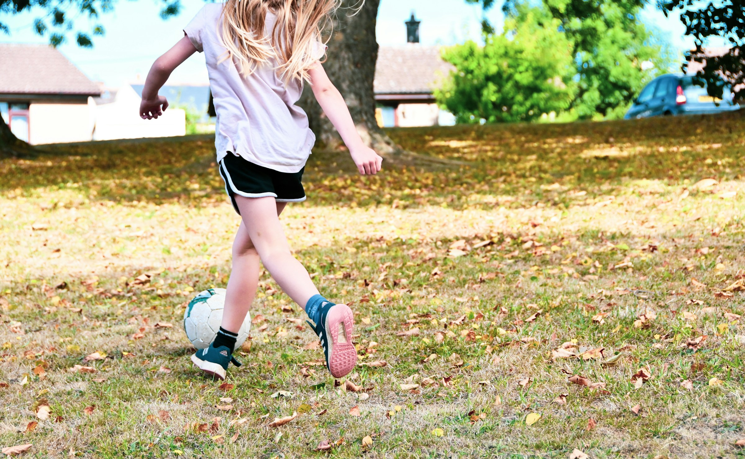 Girls scrimmaging at a summer soccer camp in Iowa